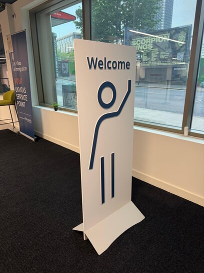 An image of the standing "Welcome" wayfinding signage.